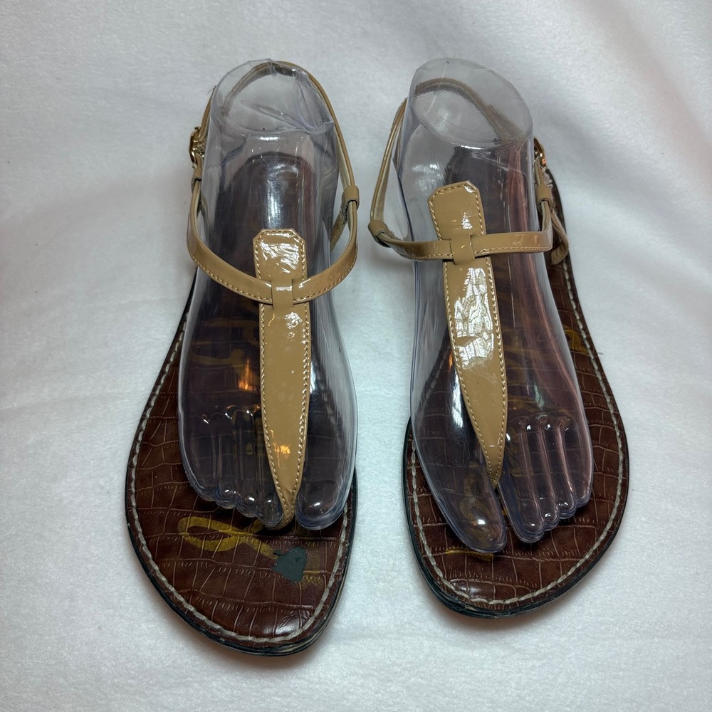Sam Edelman Gigi Flat Sandals Tan Patent Leather Croc Embossed T-Strap Size 10